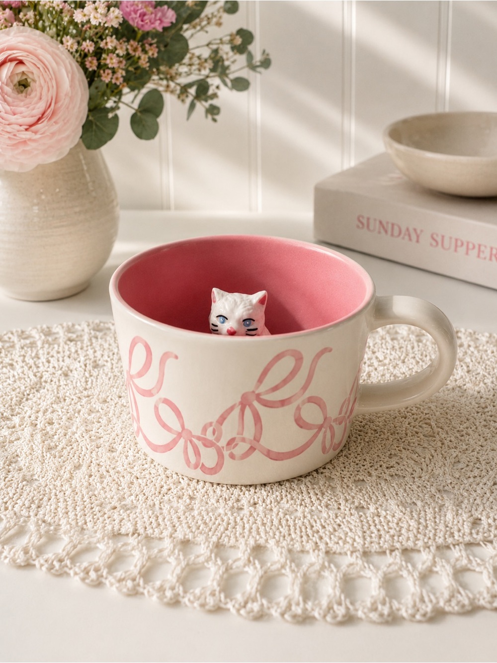Urban Outfitters Hidden Icon Peekaboo Ceramic Mug - Cat/Bow | NWT